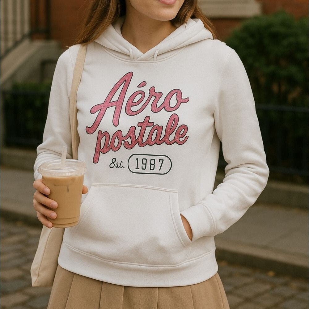Aeropostale White Pink Glitter Logo Hoodie Cozy Preppy Casual Fall Bling Y2K P